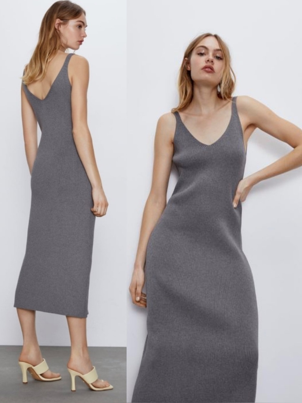 Zara Ribbed Knit Midi Dress Gray V-Neck Wide Straps Sz M
